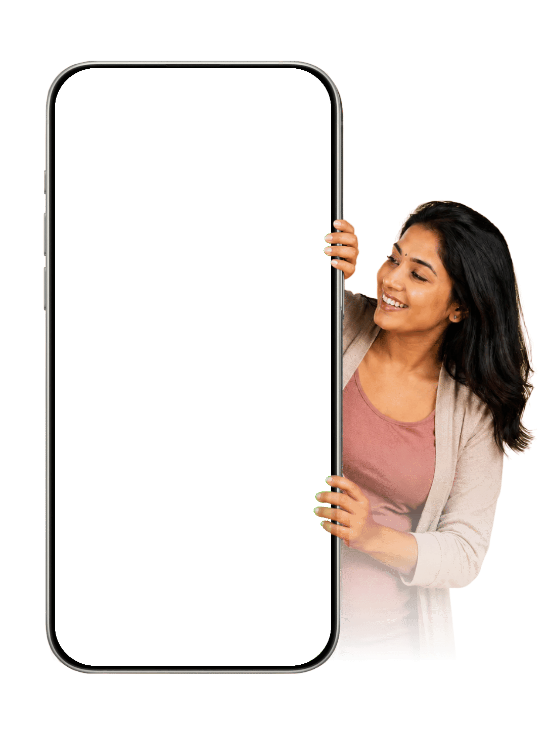 A mom-to-be looking at her GarbhSanskar Guru gift on her phone